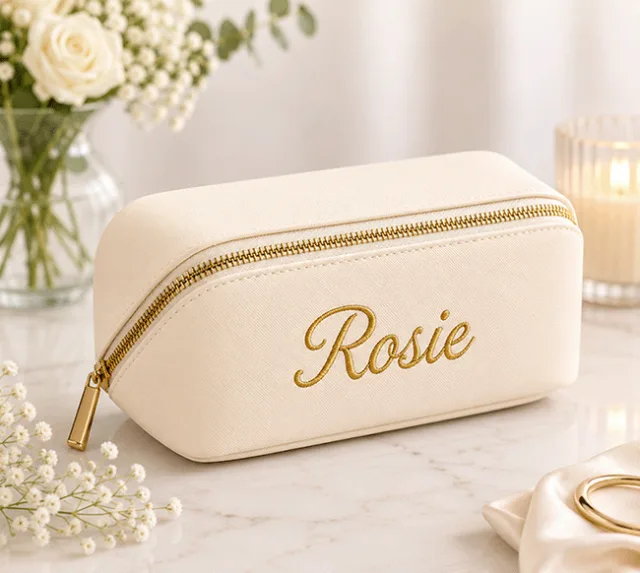 Personalised vanity case with fine grain finish, gold zip and carry handles